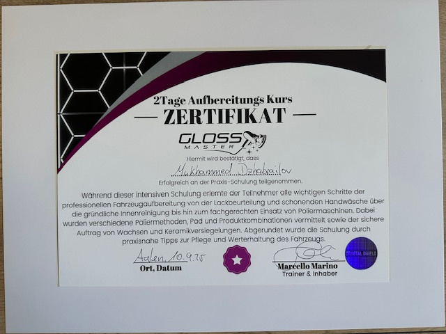 Zertifikat zweitägiger Aufbereitungskurs Gloss Masters