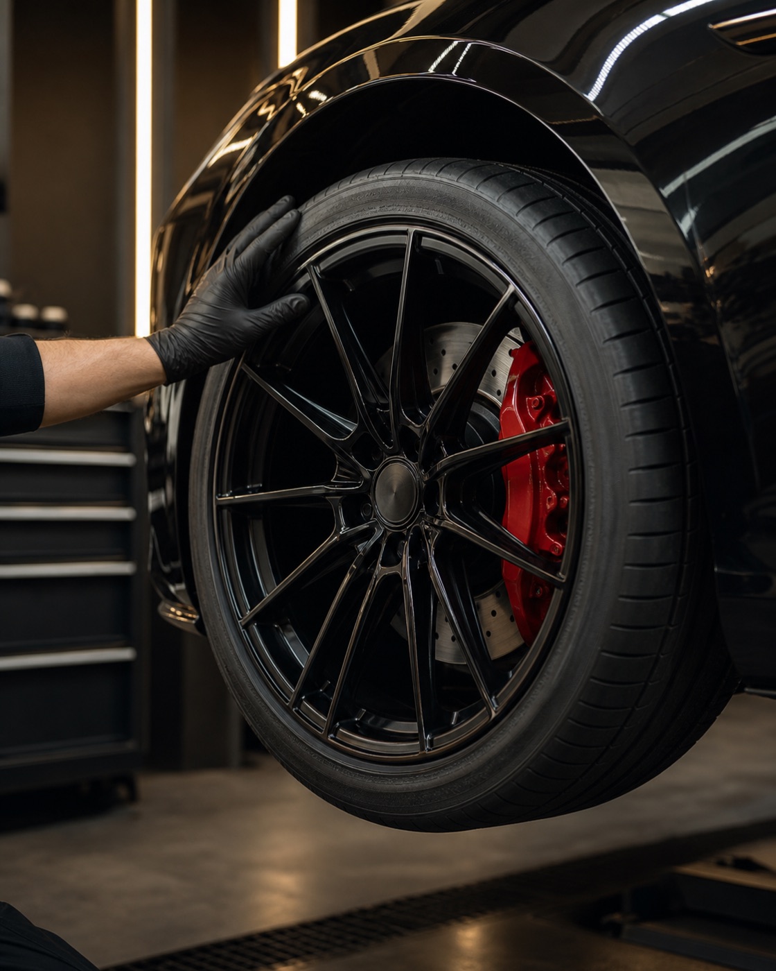 Premium-Reifenservice an einem schwarzen Sportfahrzeug